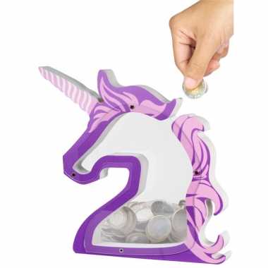 Kinder eenhoorn spaarpot transparant kunststof paars/roze