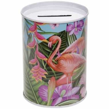 Kinder metalen lichtblauwe spaarpot flamingos .