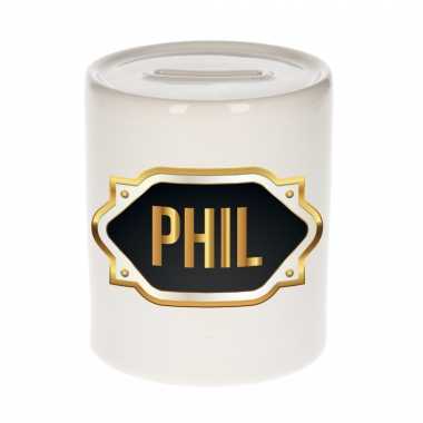 Kinder naam cadeau spaarpot phil gouden embleem