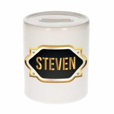 Kinder naam cadeau spaarpot steven gouden embleem