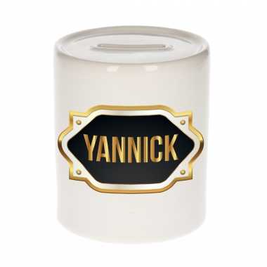 Kinder naam cadeau spaarpot yannick gouden embleem