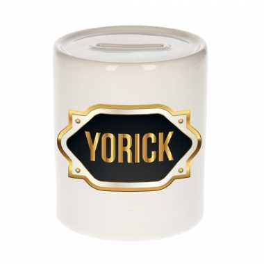 Kinder naam cadeau spaarpot yorick gouden embleem