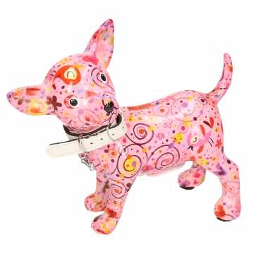 Kinder spaarpot chihuahua hond lichtroze bloemen/hartjes/retro print