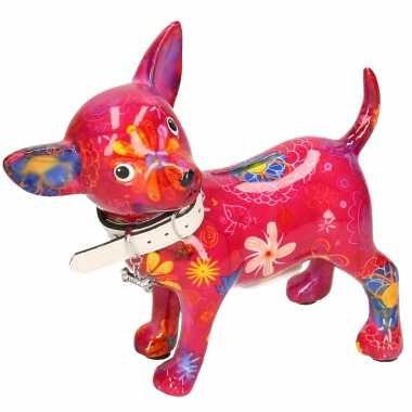 Kinder spaarpot chihuahua hond paars/roze bloemen print