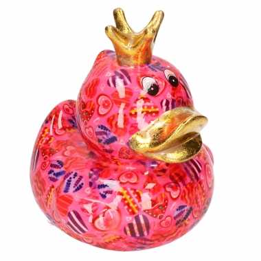 Kinder spaarpot eend kroontje fuchsia roze gekleurde snoepjes print
