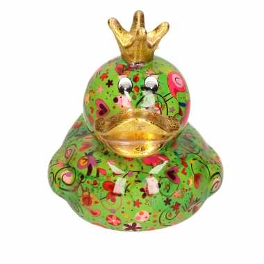 Kinder spaarpot eend kroontje groen hartjes/bloemen print