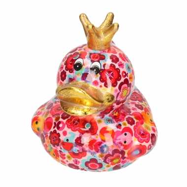 Kinder spaarpot eend kroontje roze gekleurde bloemen print