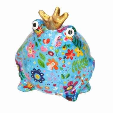 Kinder spaarpot kikker kroontje blauw gekleurde bloemetjes