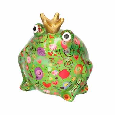 Kinder spaarpot kikker kroontje groen vogels bloemen print