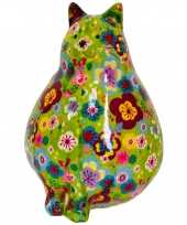Kinder spaarpot dikke kat poes groen bloemetjes